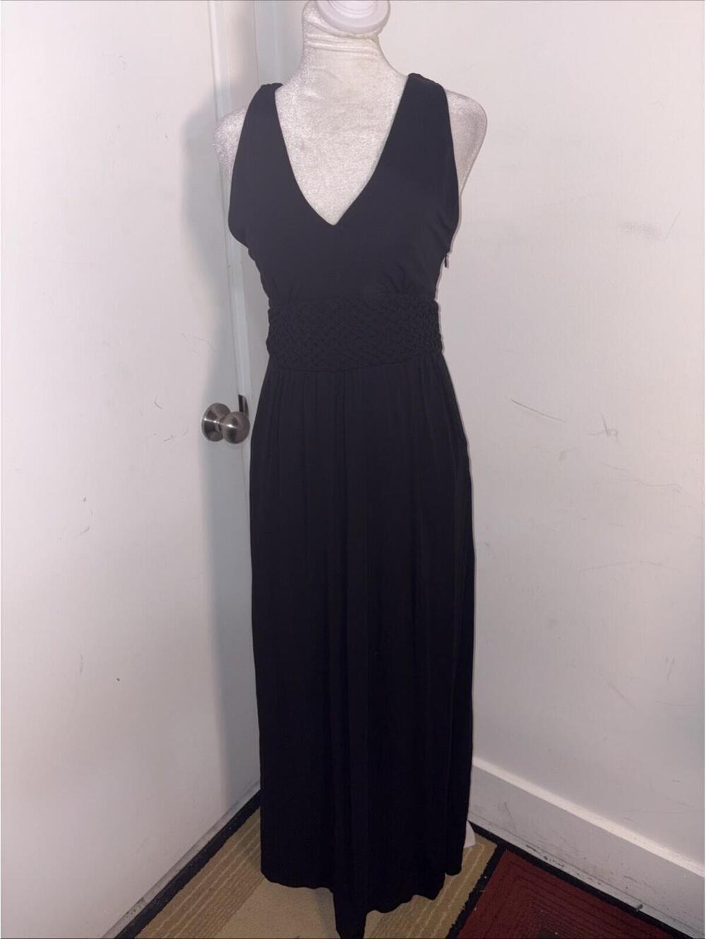 NWOT Anthropologie MAEVE Black YUMA MAXI DRESS Size 4P Basketweave Empire Pocket